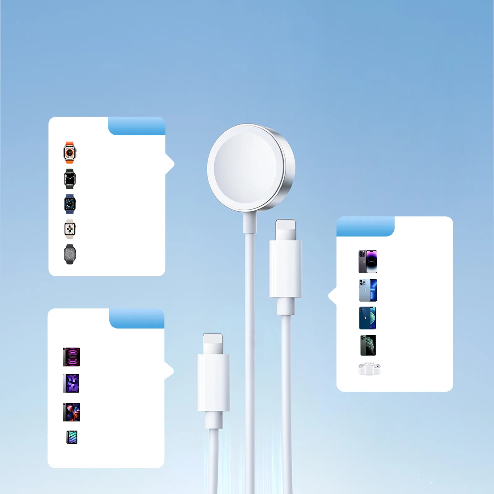 3-in-1-USB-A-Kabel mit induktivem Ladegerät + 2x iPhone Lightning 1,2 m Weiß 10