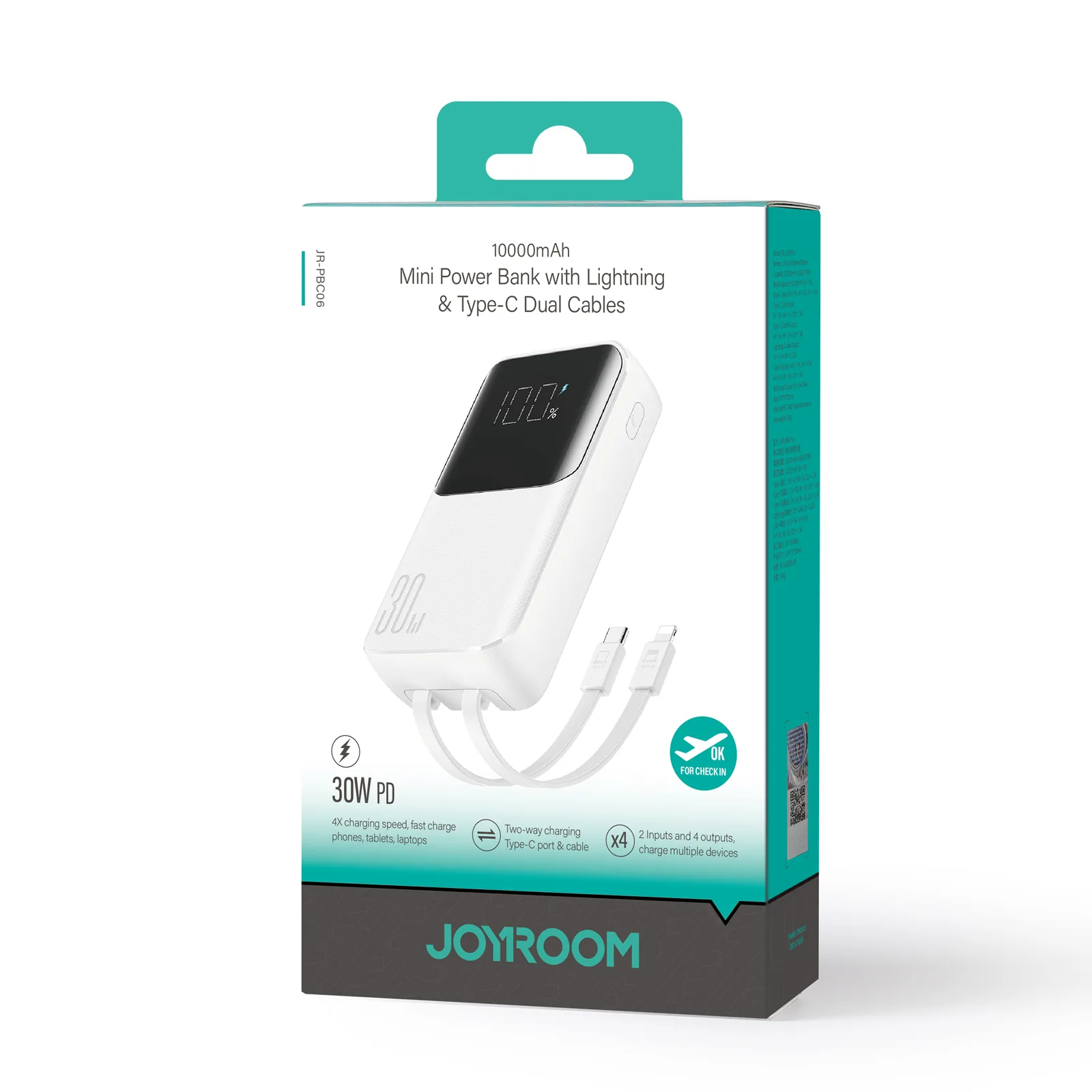 10000 mAh-s mini power bank beépített kábelekkel JR-PBC06 30 W Fehér 5