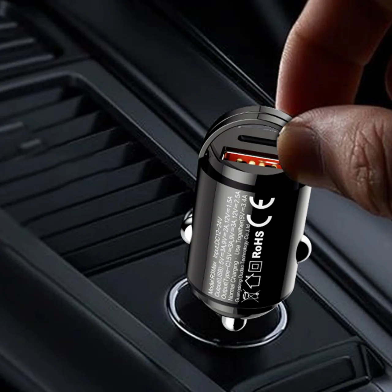 Mini încărcător auto pentru priza brichetei, 48W QC PD, negru 4