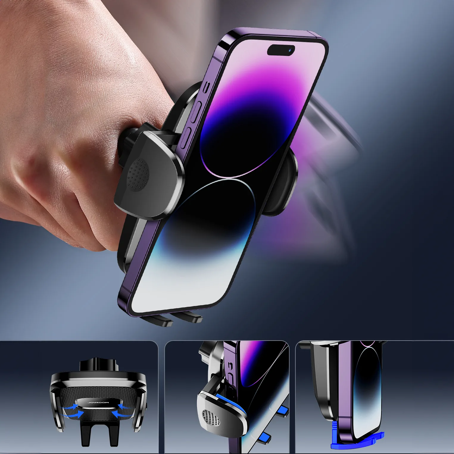 Univerzális mechanikus autós telefon tartó műszerfalra/szélvédőre, fekete 9