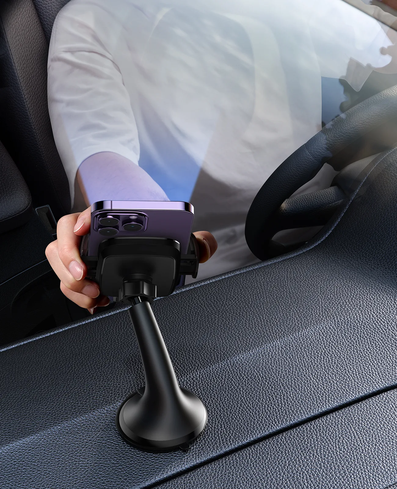 Univerzális mechanikus autós telefon tartó műszerfalra/szélvédőre, fekete 10