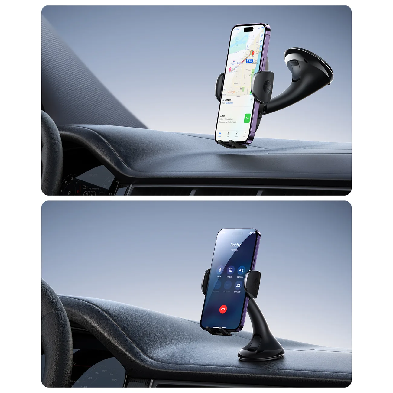 Univerzális mechanikus autós telefon tartó műszerfalra/szélvédőre, fekete 7