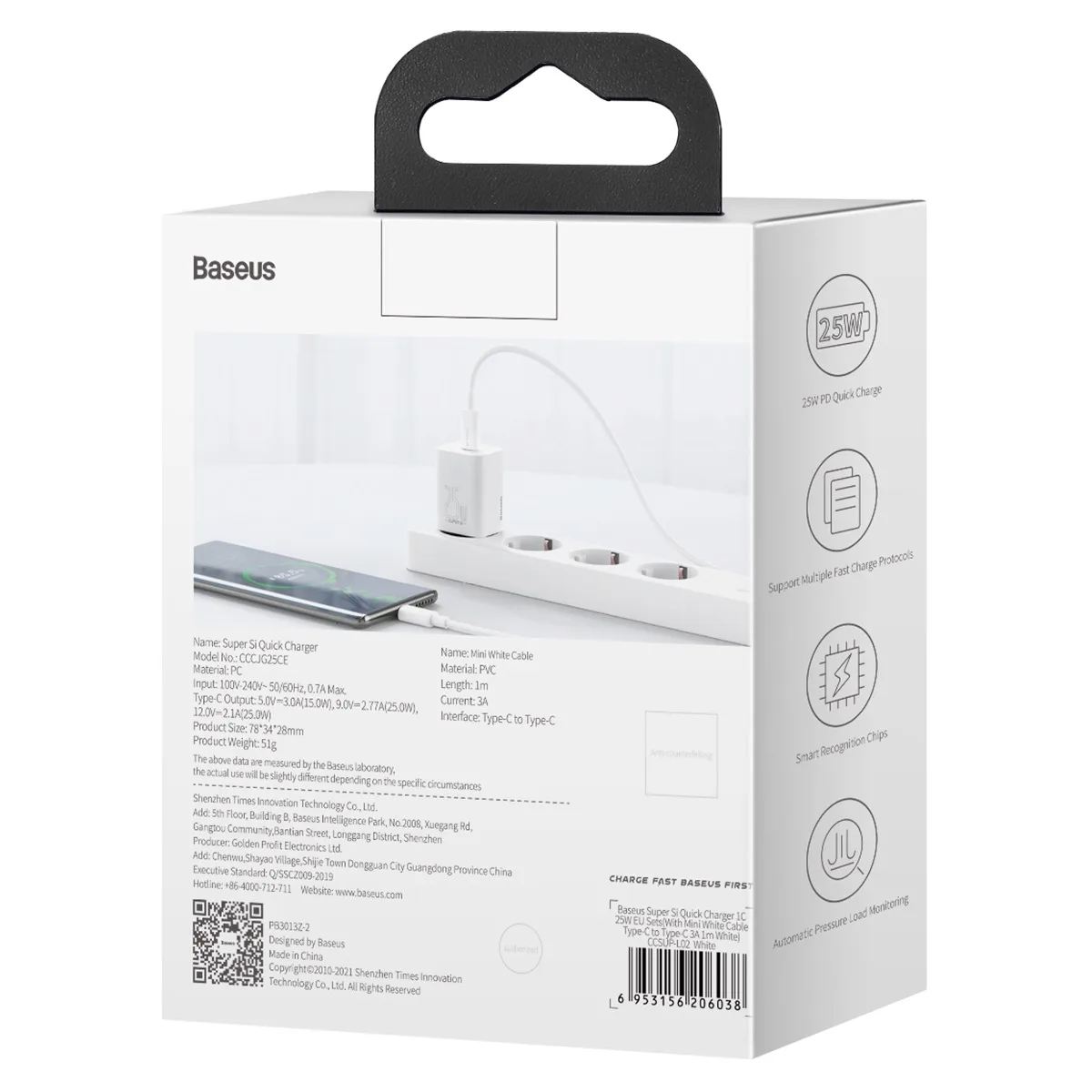 Si 25 W 3 A rýchla sieťová nabíjačka s 1 m bielym káblom USB-C 6