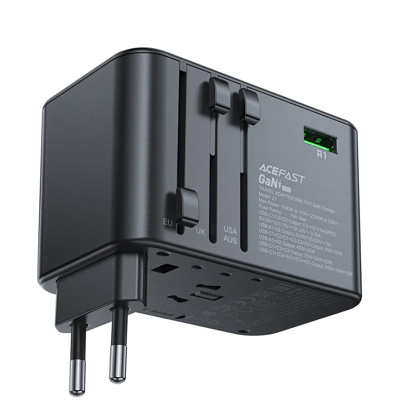 Univerzális GaN utazótöltő, 2x USB-A, 3x USB-C, brit, EU, USA és ausztrál csatlakozókkal, fekete
