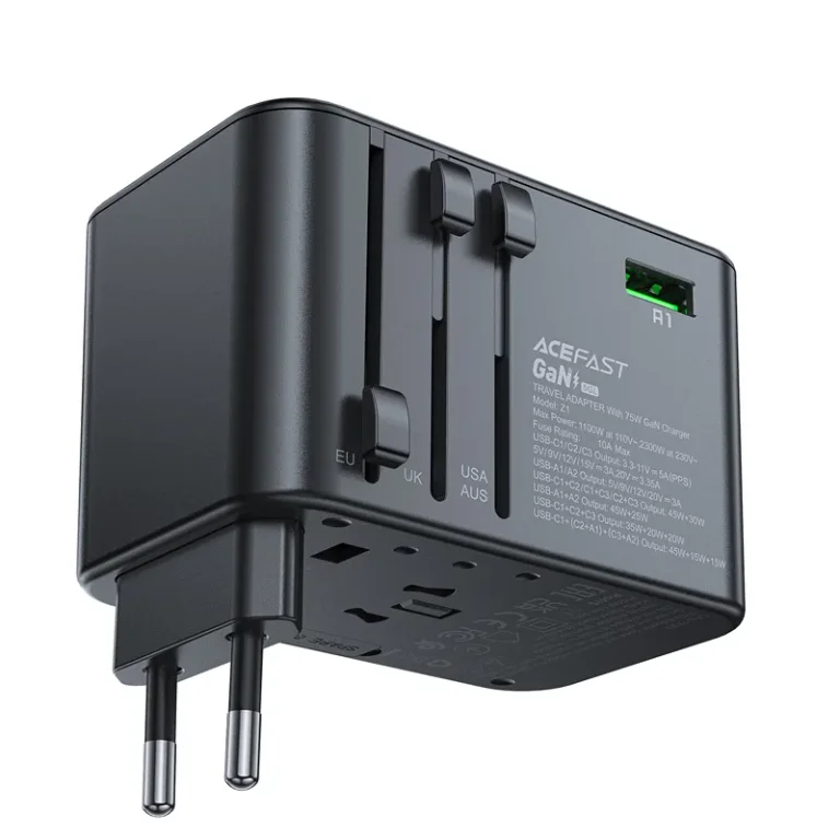 Univerzális GaN utazótöltő, 2x USB-A, 3x USB-C, brit, EU, USA és ausztrál csatlakozókkal, fekete