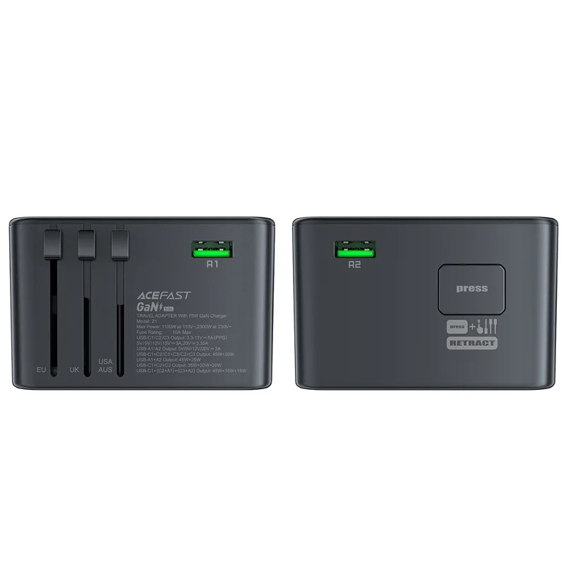 Universelles GaN-Reiseladegerät, 2x USB-A, 3x USB-C, Stecker für Großbritannien, EU, USA und Australien, schwarz 10