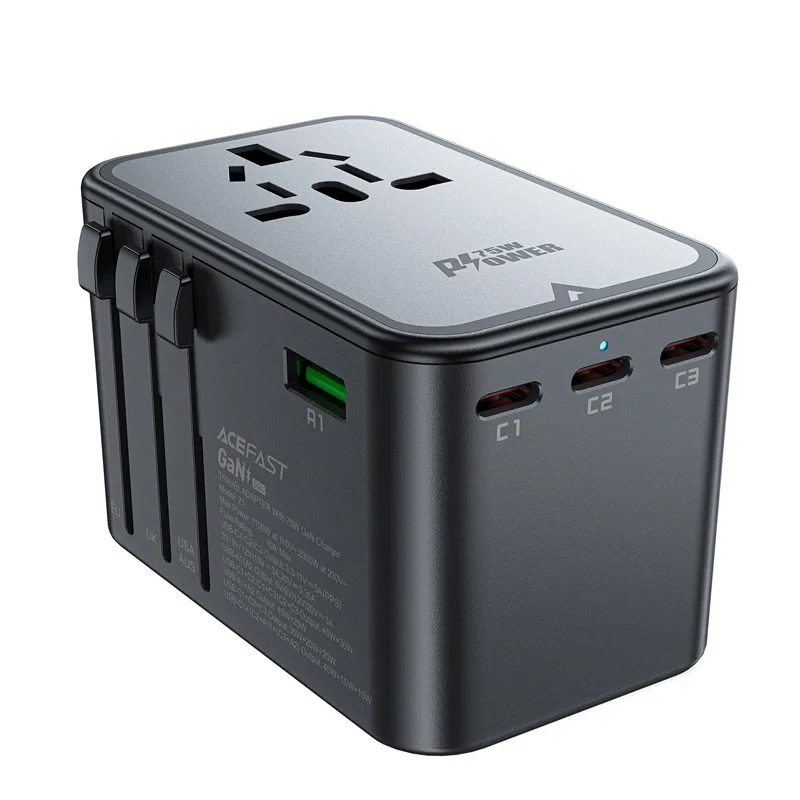 Universelles GaN-Reiseladegerät, 2x USB-A, 3x USB-C, Stecker für Großbritannien, EU, USA und Australien, schwarz 2