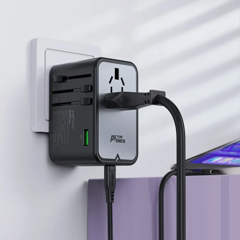 Universelles GaN-Reiseladegerät, 2x USB-A, 3x USB-C, Stecker für Großbritannien, EU, USA und Australien, schwarz 4