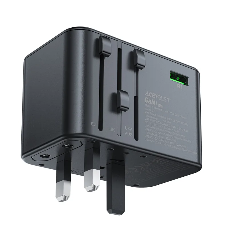 Universelles GaN-Reiseladegerät, 2x USB-A, 3x USB-C, Stecker für Großbritannien, EU, USA und Australien, schwarz 6