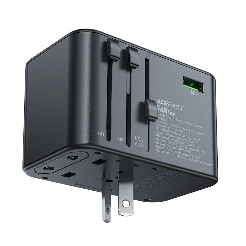 Universelles GaN-Reiseladegerät, 2x USB-A, 3x USB-C, Stecker für Großbritannien, EU, USA und Australien, schwarz 7