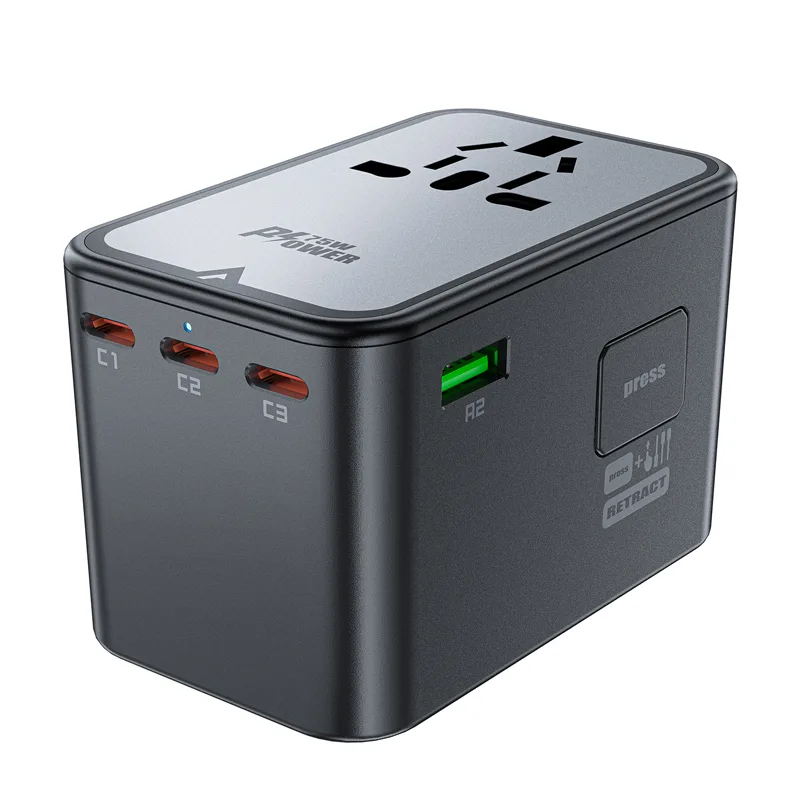Universelles GaN-Reiseladegerät, 2x USB-A, 3x USB-C, Stecker für Großbritannien, EU, USA und Australien, schwarz 8