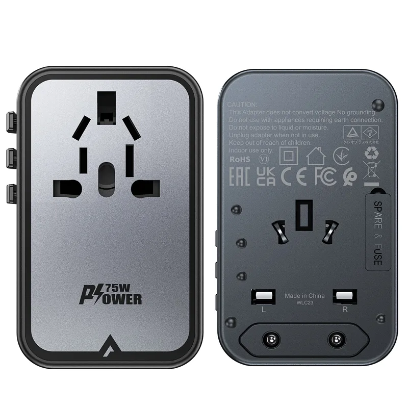 Universelles GaN-Reiseladegerät, 2x USB-A, 3x USB-C, Stecker für Großbritannien, EU, USA und Australien, schwarz 9