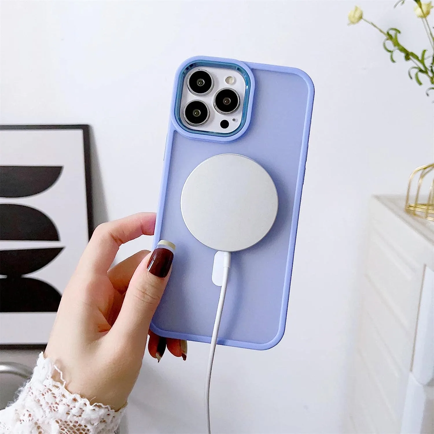 Magnetische MagSafe-Hülle für iPhone 15 Plus mit Ösen für Trageband, lila 5
