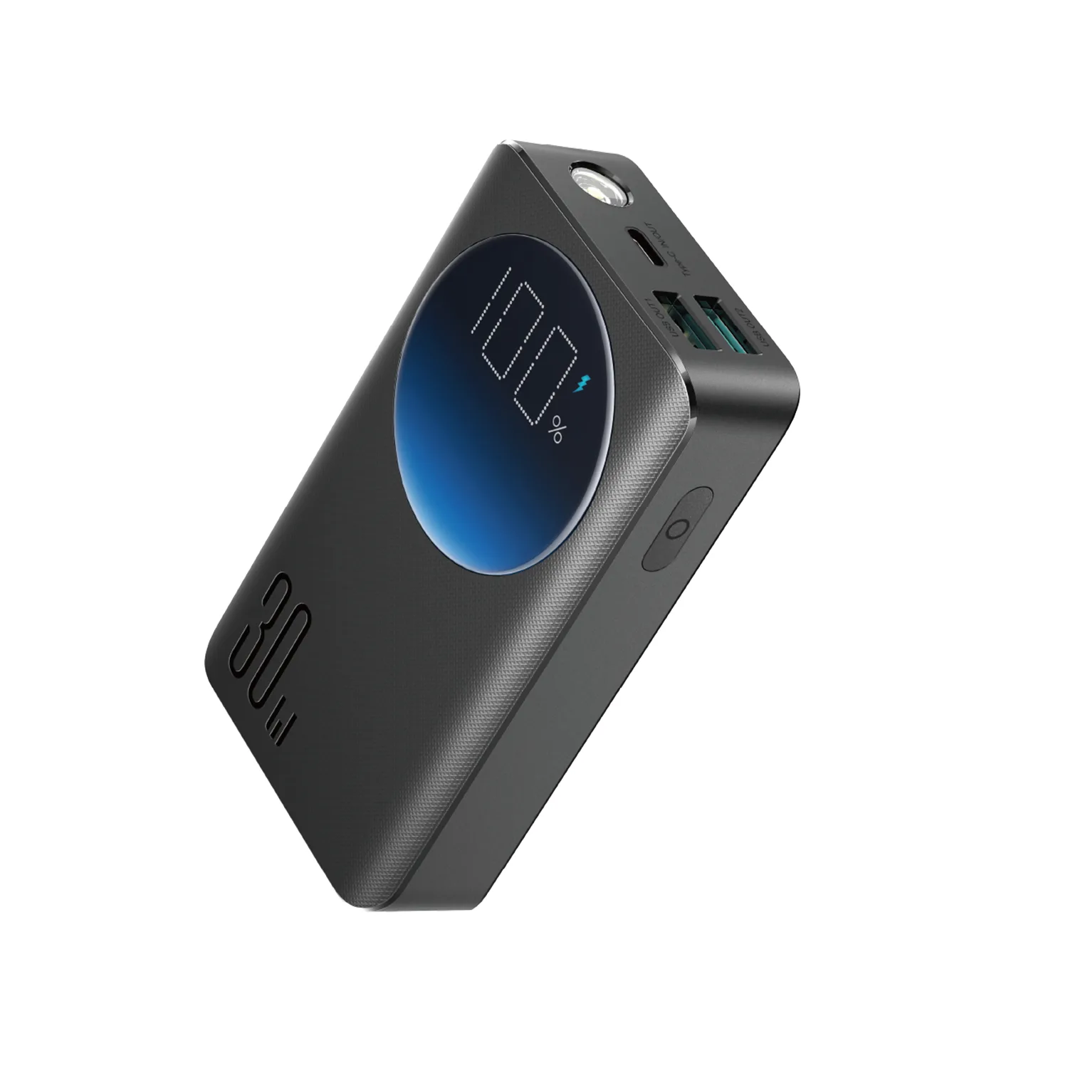 2 az 1-ben Power Bank 10000mAh 30W LED zseblámpa USB USB-C Fekete