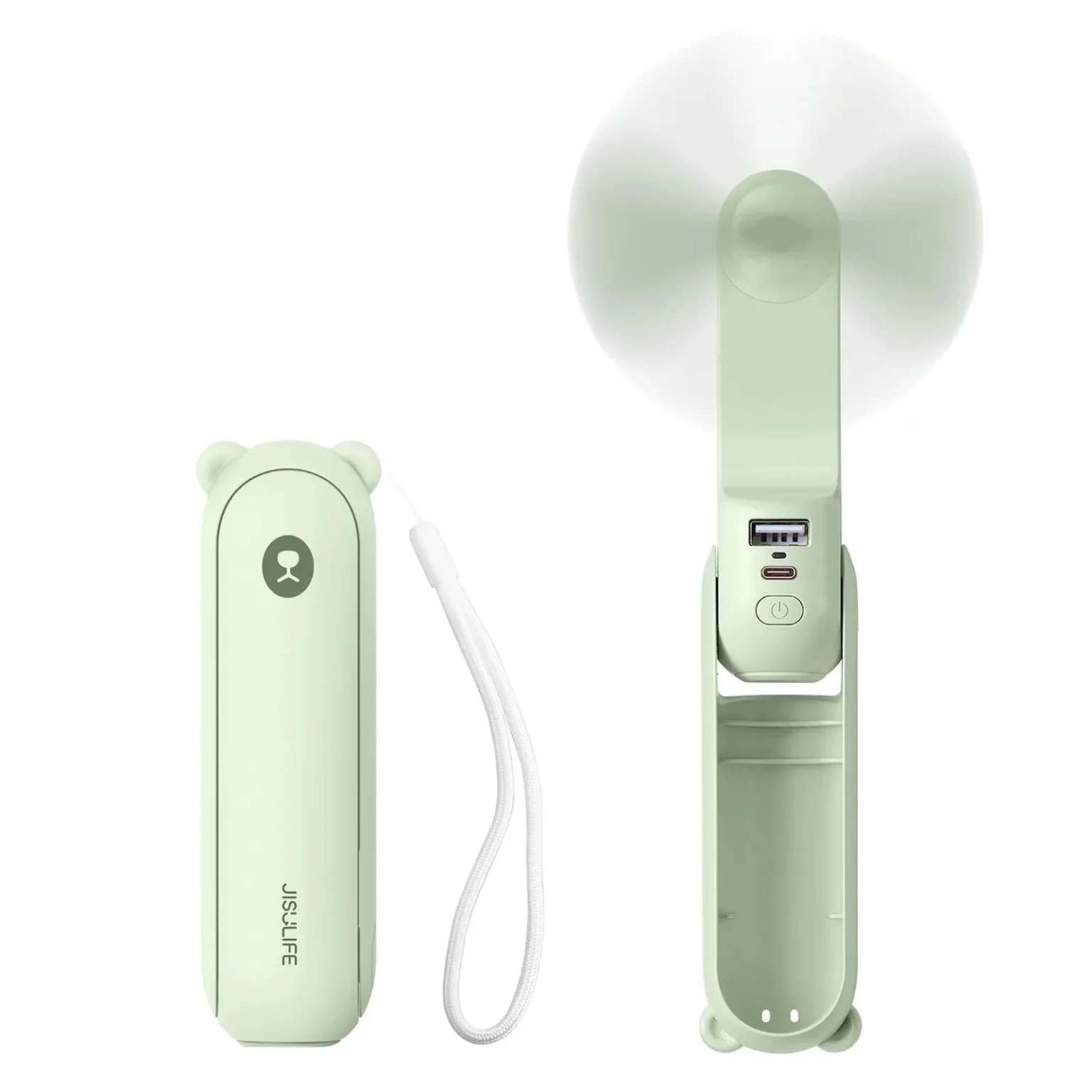 Mini-Handventilator mit Powerbank- und Taschenlampenfunktion, zusammenklappbar, 4500 mAh, USB-C – grün