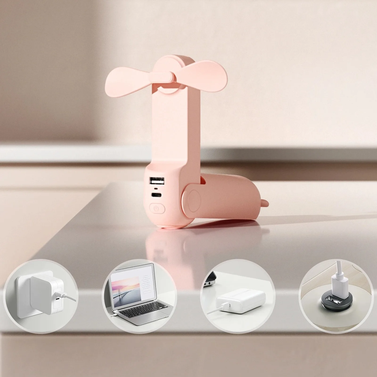 Mini ventilator portabil cu funcții de power bank și lanternă, pliabil, 4500mAh, USB-C - roz 9