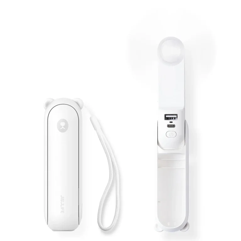 Mini hordozható ventilátor powerbank és zseblámpa funkcióval, összecsukható, 4500 mAh, USB-C – fehér