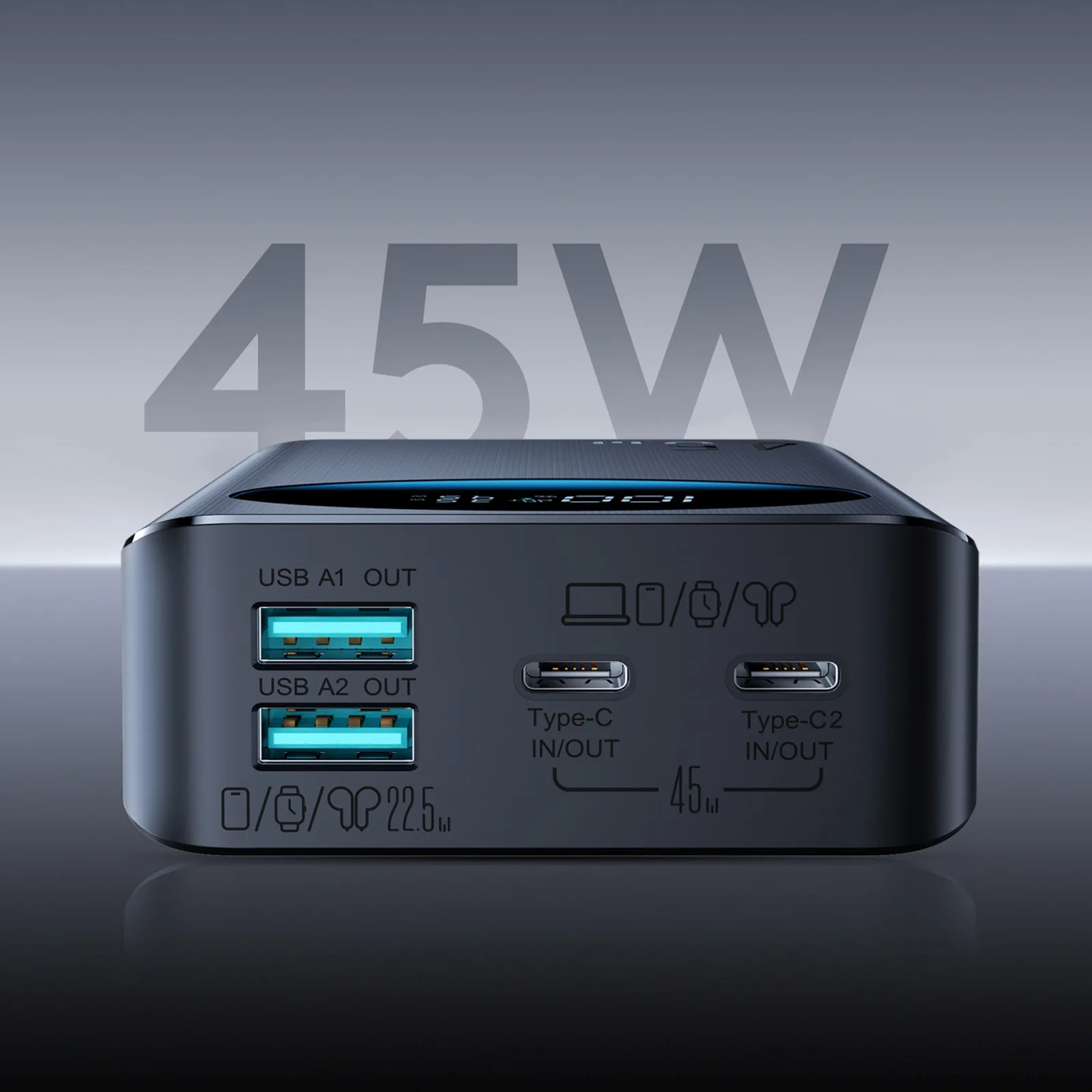 20 000 mAh-s USB-A és USB-C csatlakozóval ellátott hordozható akkumulátor 45 W-os teljesítménnyel és digitális kijelzővel – fekete 11