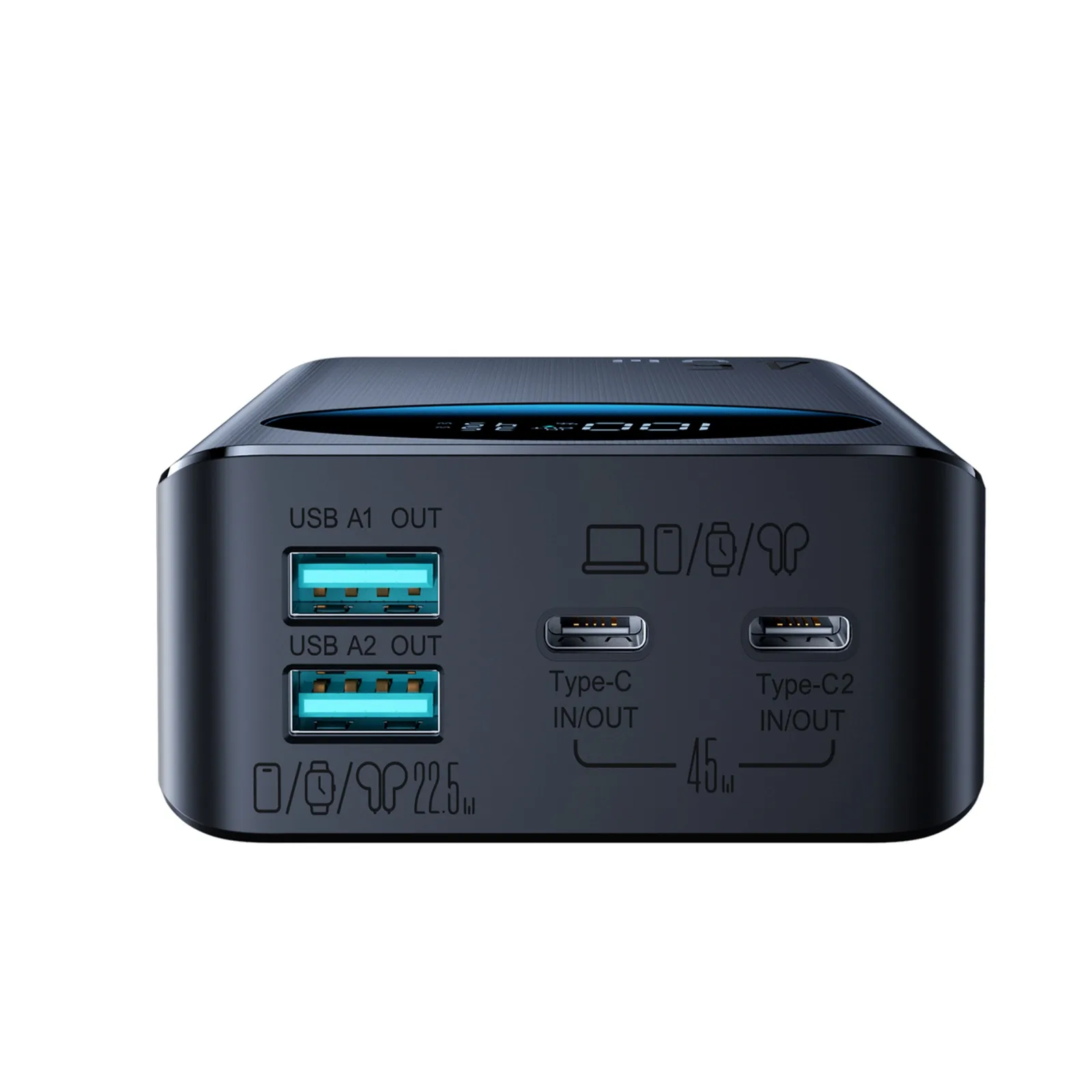 20 000 mAh-s USB-A és USB-C csatlakozóval ellátott hordozható akkumulátor 45 W-os teljesítménnyel és digitális kijelzővel – fekete 5