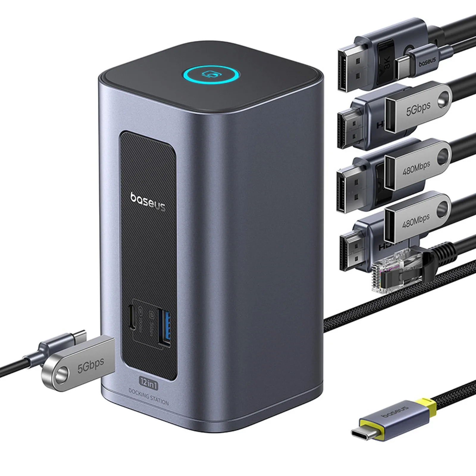 HUB stacja dokująca 12w1 USB-C do USB-C USB-A HDMI DisplayPort Rj45 - szara 2