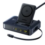 5 az 1-ben USB-A és USB-C vezeték nélküli töltőállomás Qi2 160 W-os behúzható kábellel – fekete