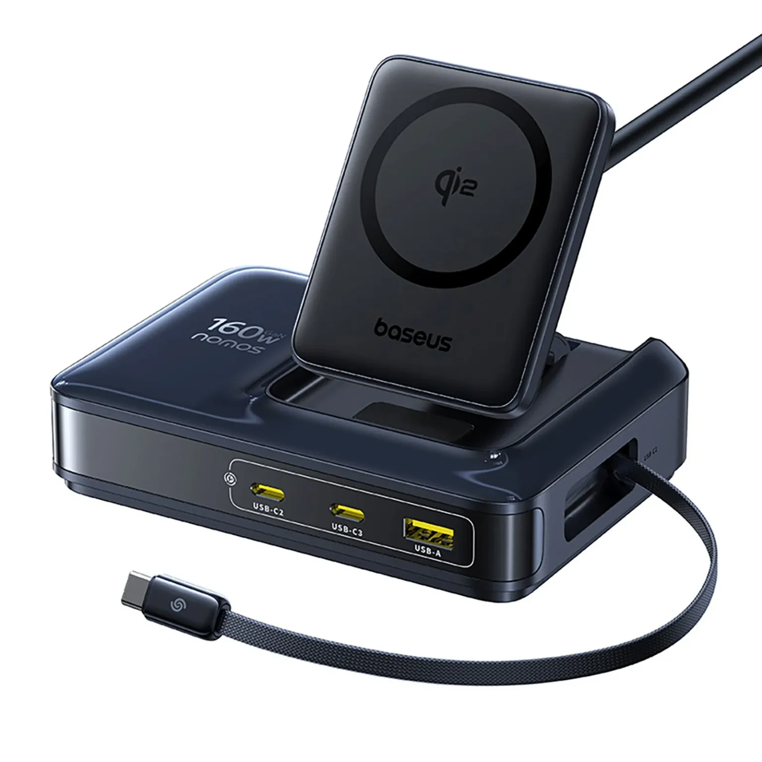 5 az 1-ben USB-A és USB-C vezeték nélküli töltőállomás Qi2 160 W-os behúzható kábellel – fekete