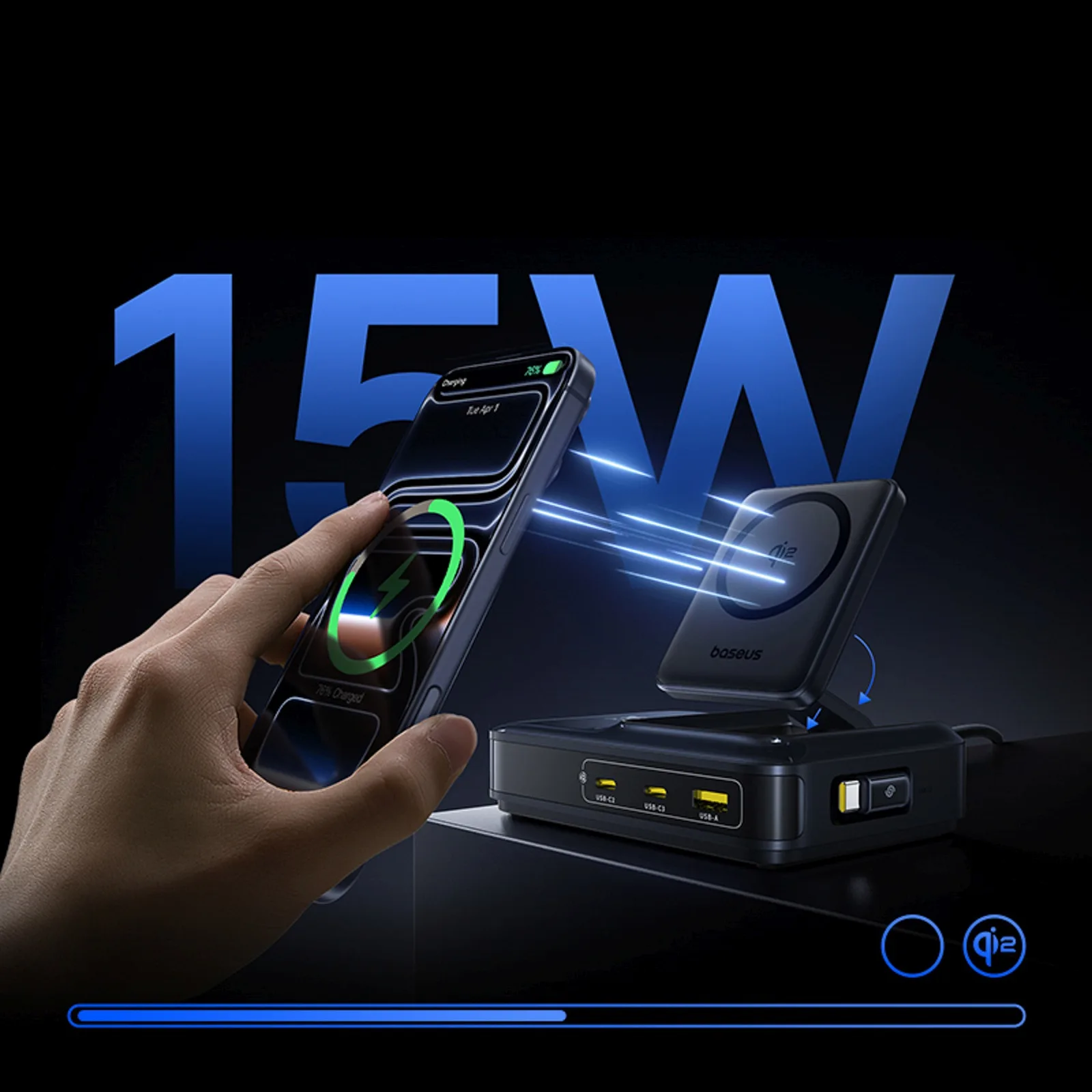 Stacja ładująca 5w1 bezprzewodowa USB-A USB-C ze zwijanym kablem Qi2 160W - czarna 10