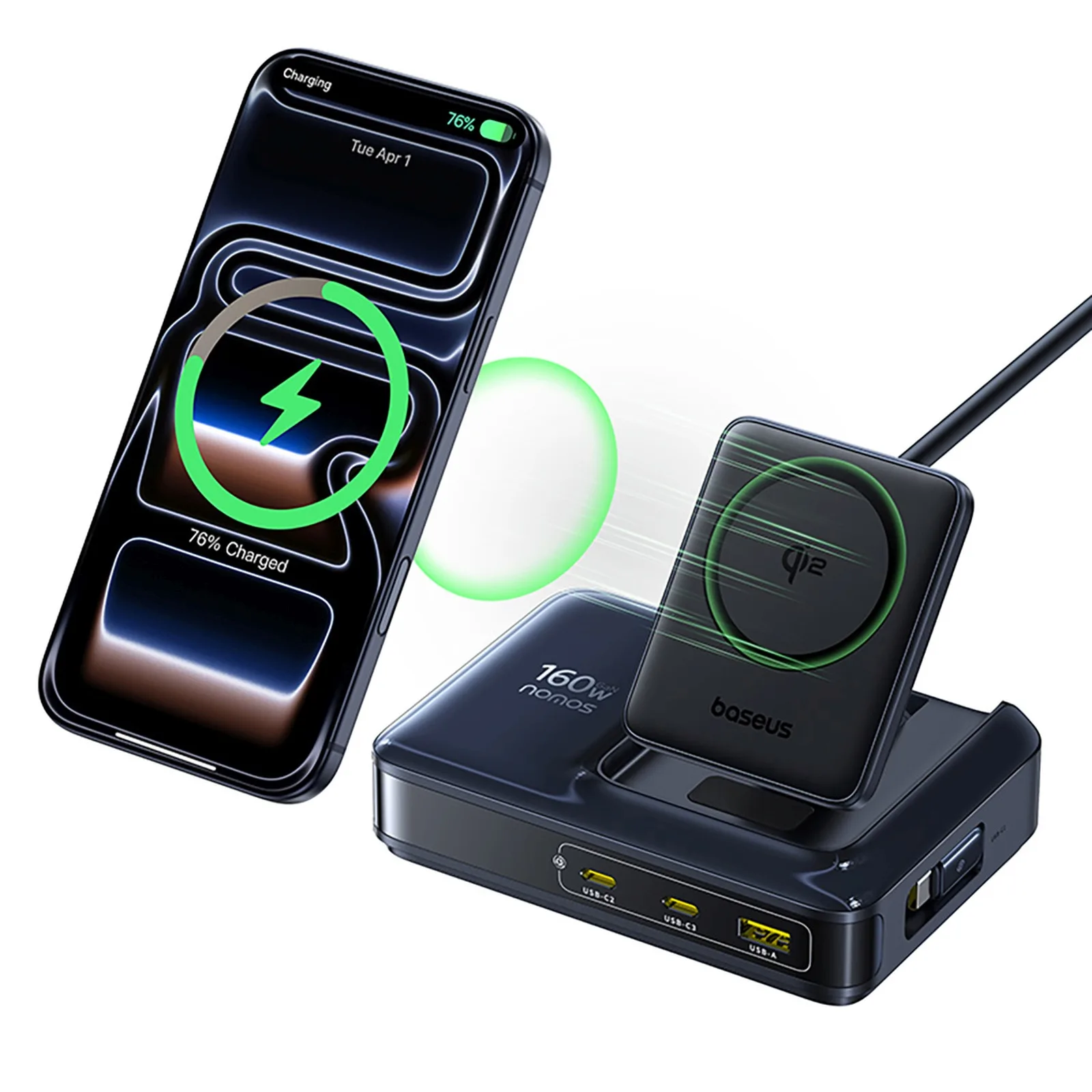 Stacja ładująca 5w1 bezprzewodowa USB-A USB-C ze zwijanym kablem Qi2 160W - czarna 2
