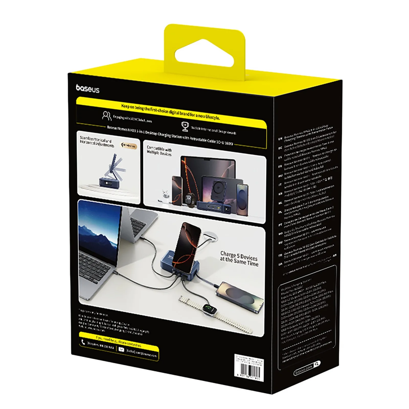 Stacja ładująca 5w1 bezprzewodowa USB-A USB-C ze zwijanym kablem Qi2 160W - czarna 5