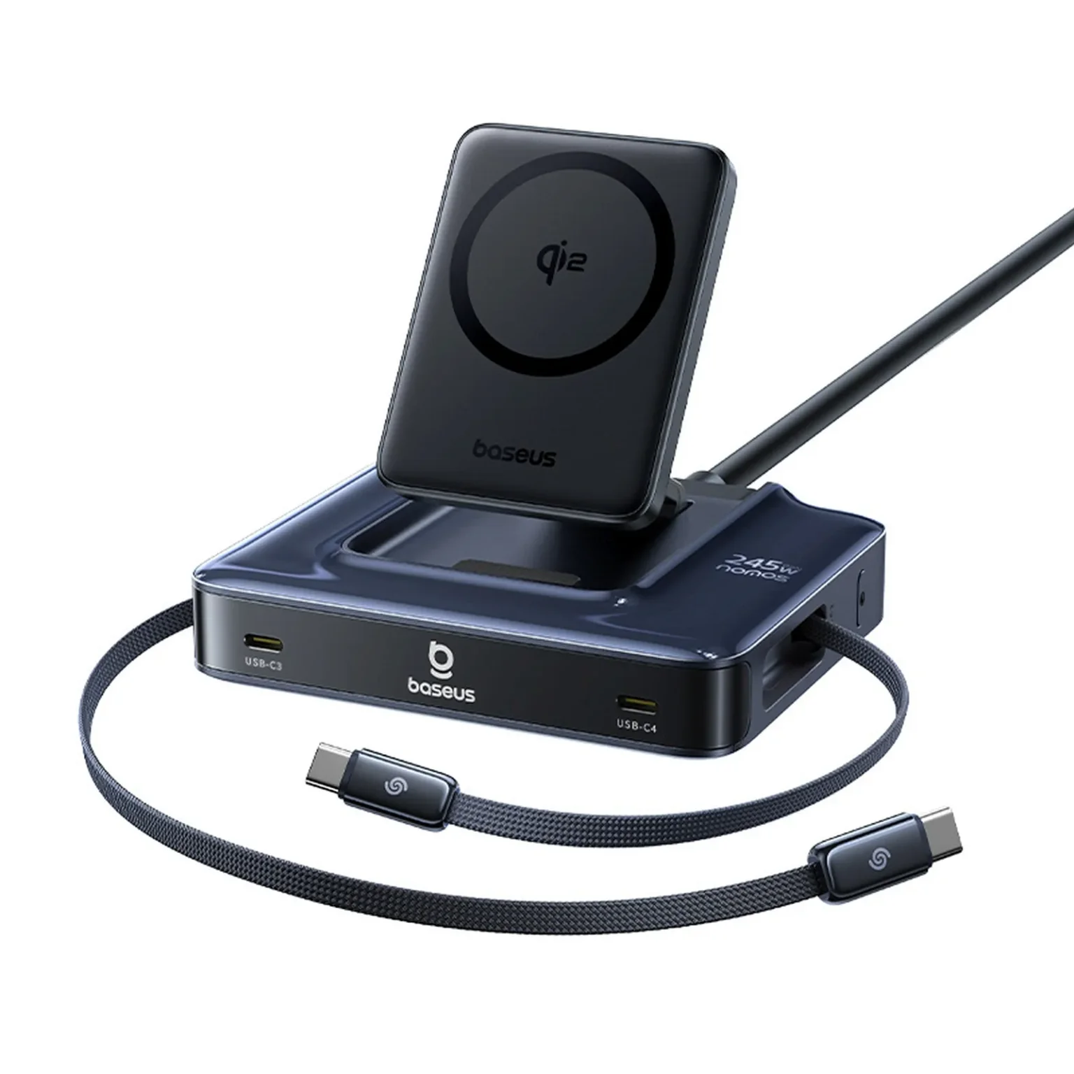 Stacja ładująca bezprzewodowa 6w1 ze zwijanymi kablami USB-C 245W - czarna Stacja ładująca bezprzewodowa 6w1 ze zwijanymi kablami USB-C 245W - czarna