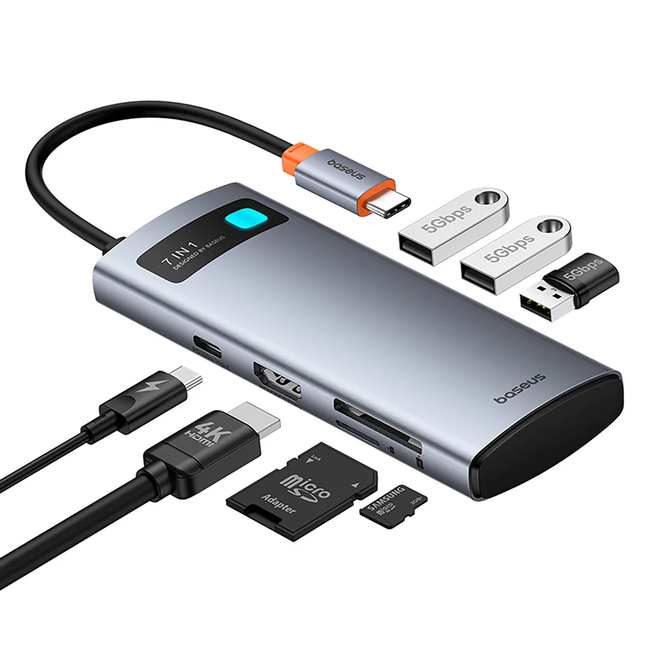 7-in-1 Metal Gleam USB-C HDMI USB-A USB-C PD SD microSD Hub-Adapter – Grau 6