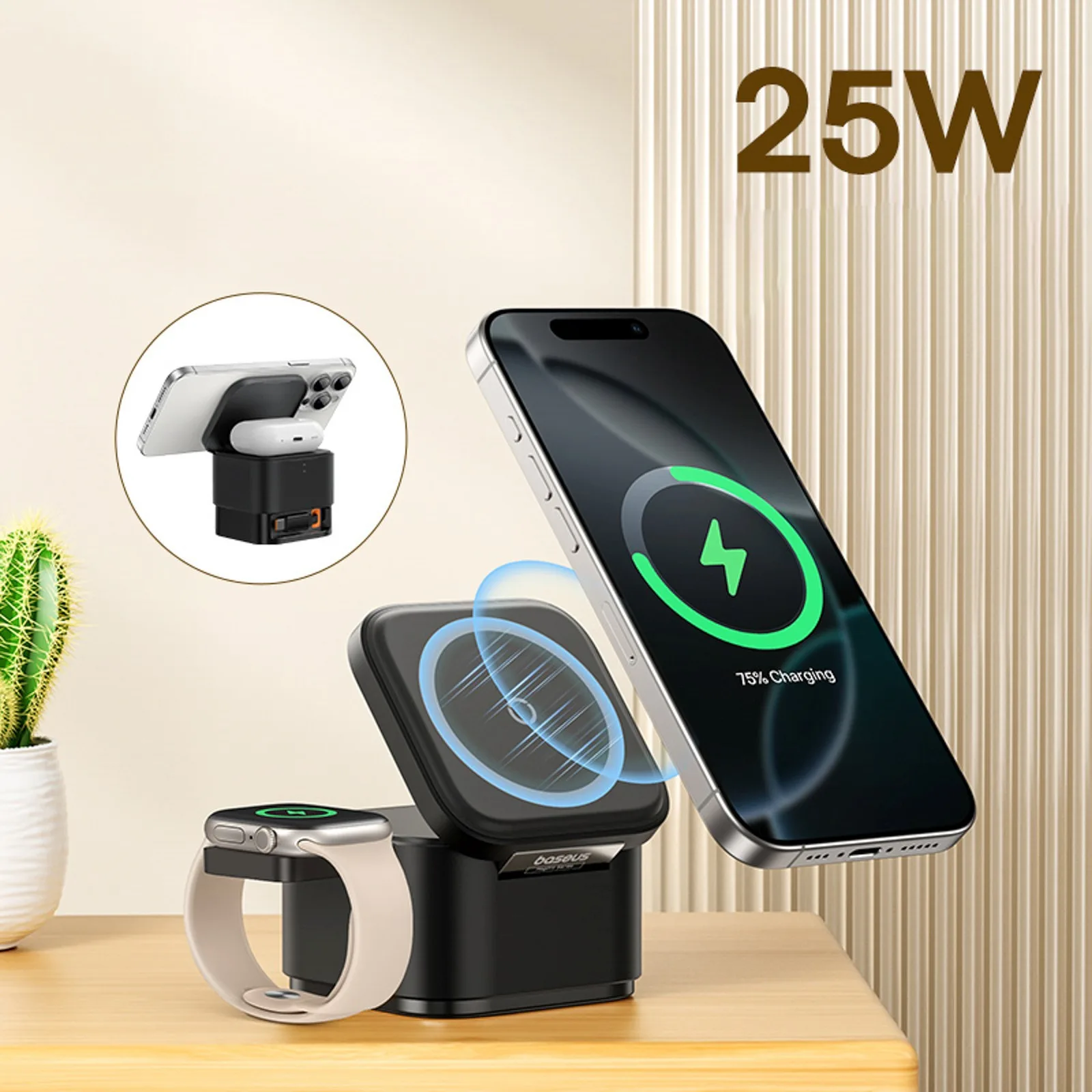 3-in-1 MagSafe 25-W-Induktionsladegerät für Smartphone und Smartwatch – Schwarz 2