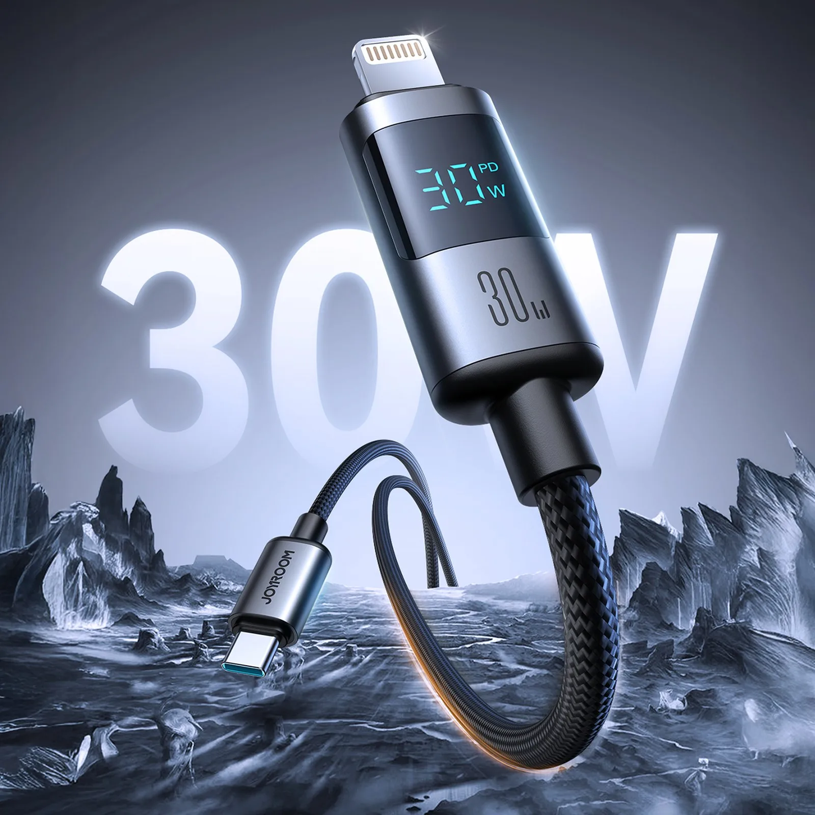 Kabel przewód z wyświetlaczem USB-C - iPhone Lightning 30W 1.2m - czarny 2