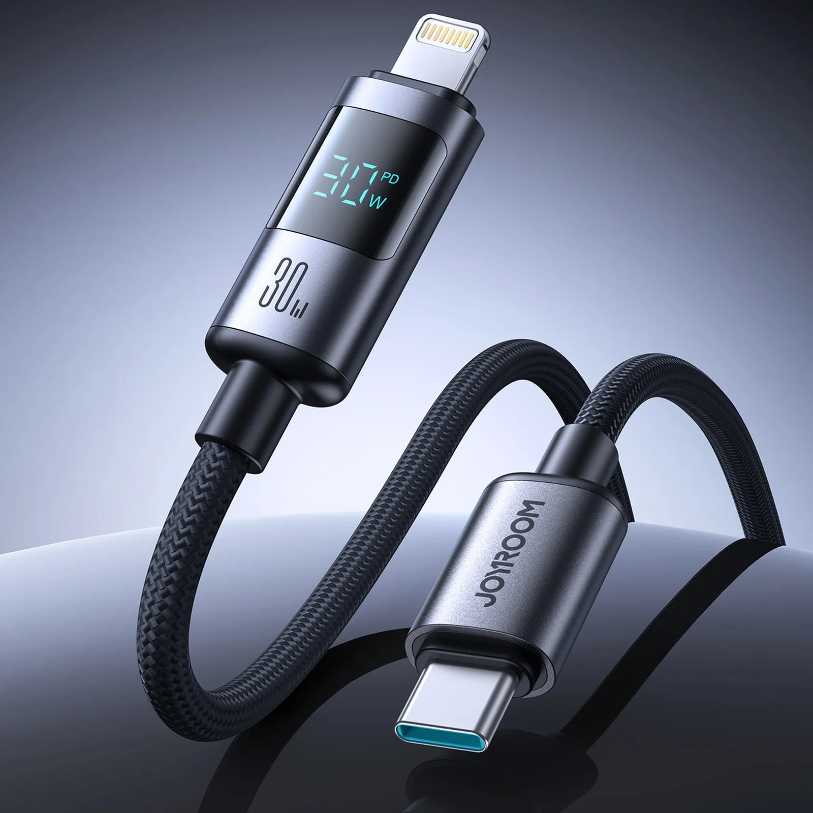 Kabel przewód z wyświetlaczem USB-C - iPhone Lightning 30W 1.2m - czarny 4