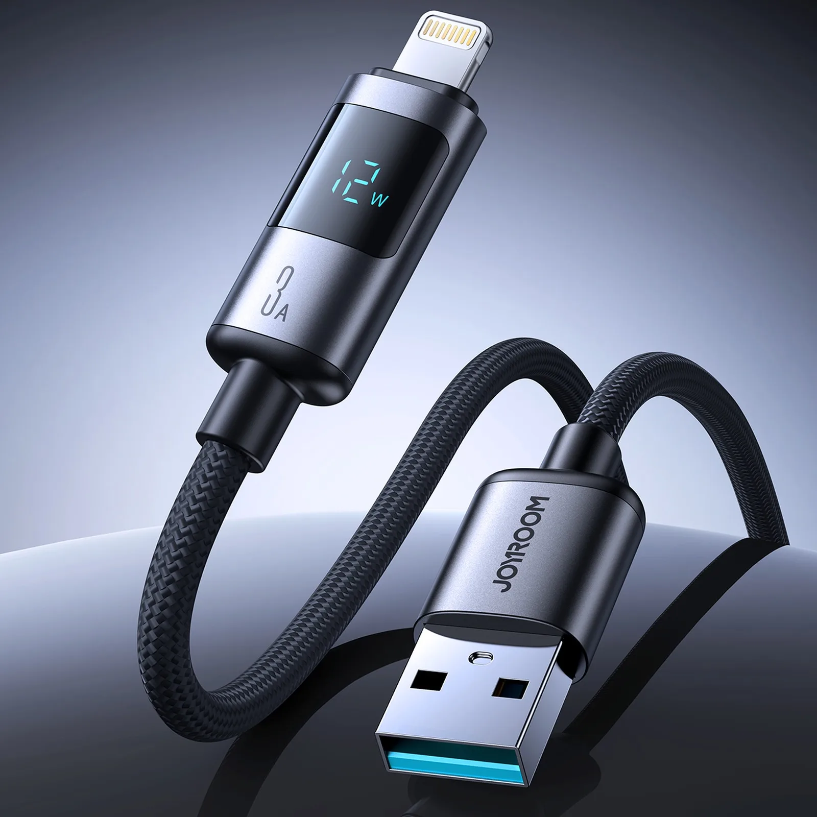 Kábel USB-A na iPhone Lightning 3A s displejom, 1,2 m, čierny 3