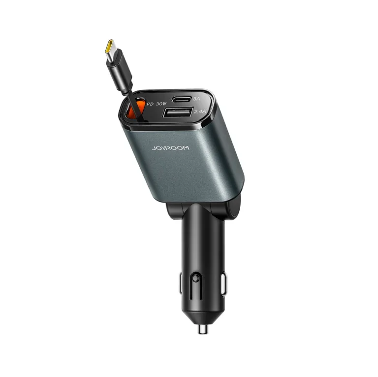 3 az 1-ben autós töltő behúzható USB-A–USB-C kábellel – sötét szürke