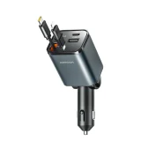 4 az 1-ben autós töltő behúzható USB-A és USB-C kábelekkel, 30 W – sötét szürke