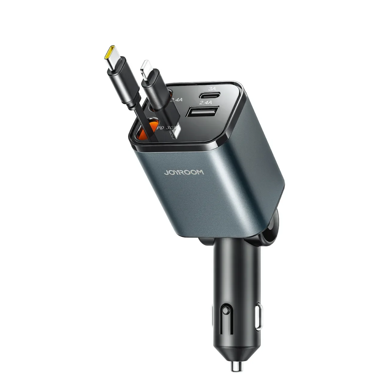 4 az 1-ben autós töltő behúzható USB-A és USB-C kábelekkel, 30 W – sötét szürke