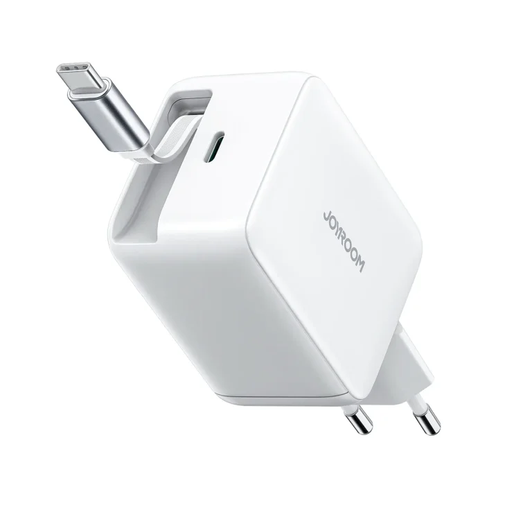GaN fali töltő behúzható USB-C kábellel, 67 W – fehér