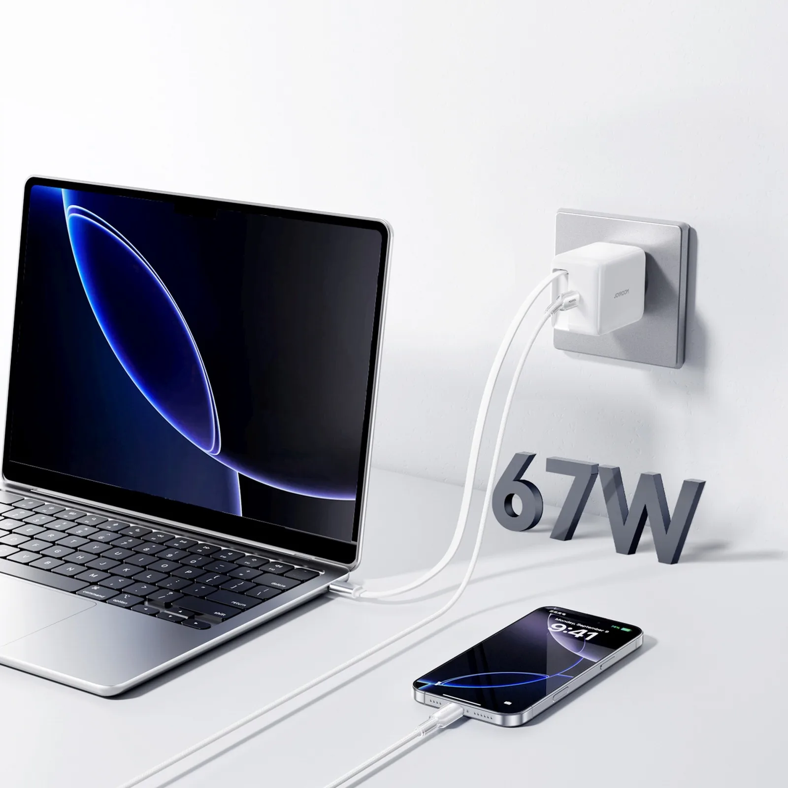 GaN fali töltő behúzható USB-C kábellel, 67 W – fehér 6