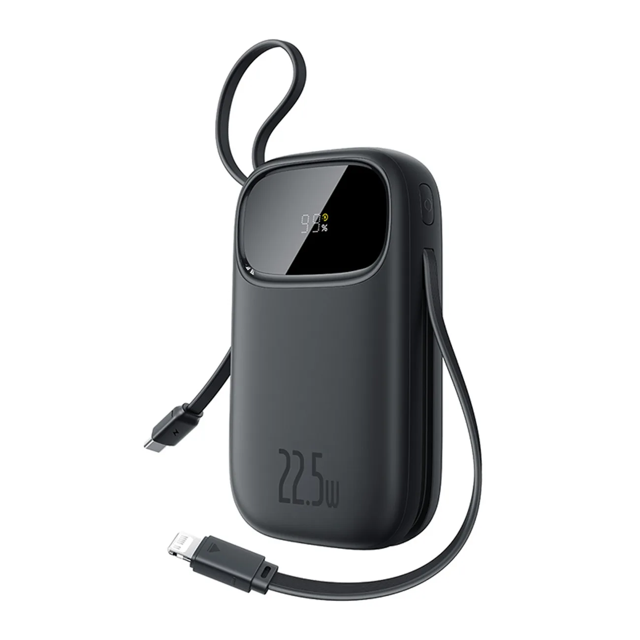 10 000 mAh-s, 22,5 W-os power bank kijelzővel, USB-C és iPhone Lightning kábelekkel – fekete