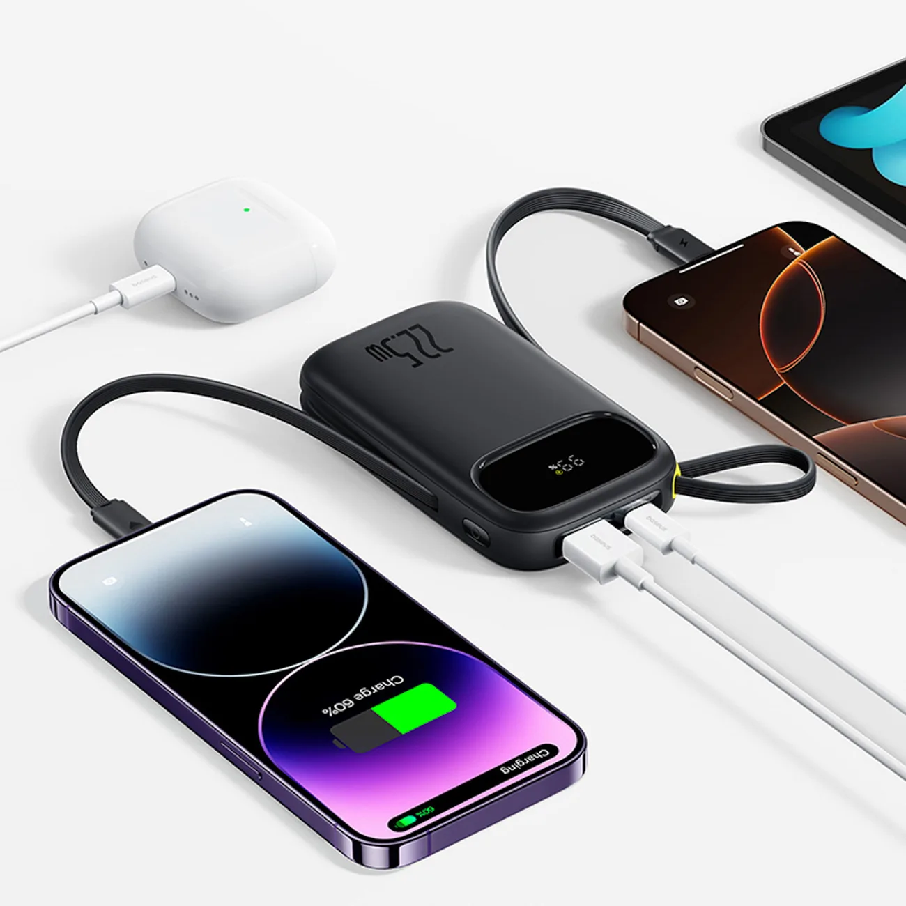 Powerbanka 10 000 mAh 22,5 W s displejom, káblami USB-C a iPhone Lightning – čierna 3