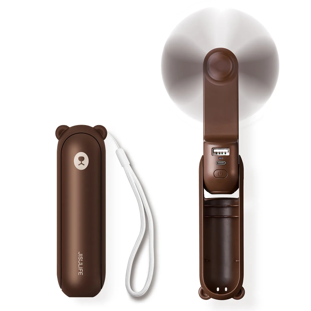 Hordozható mini ventilátor, power bank, zseblámpa, USB-A, USB-C, 4500 mAh – barna