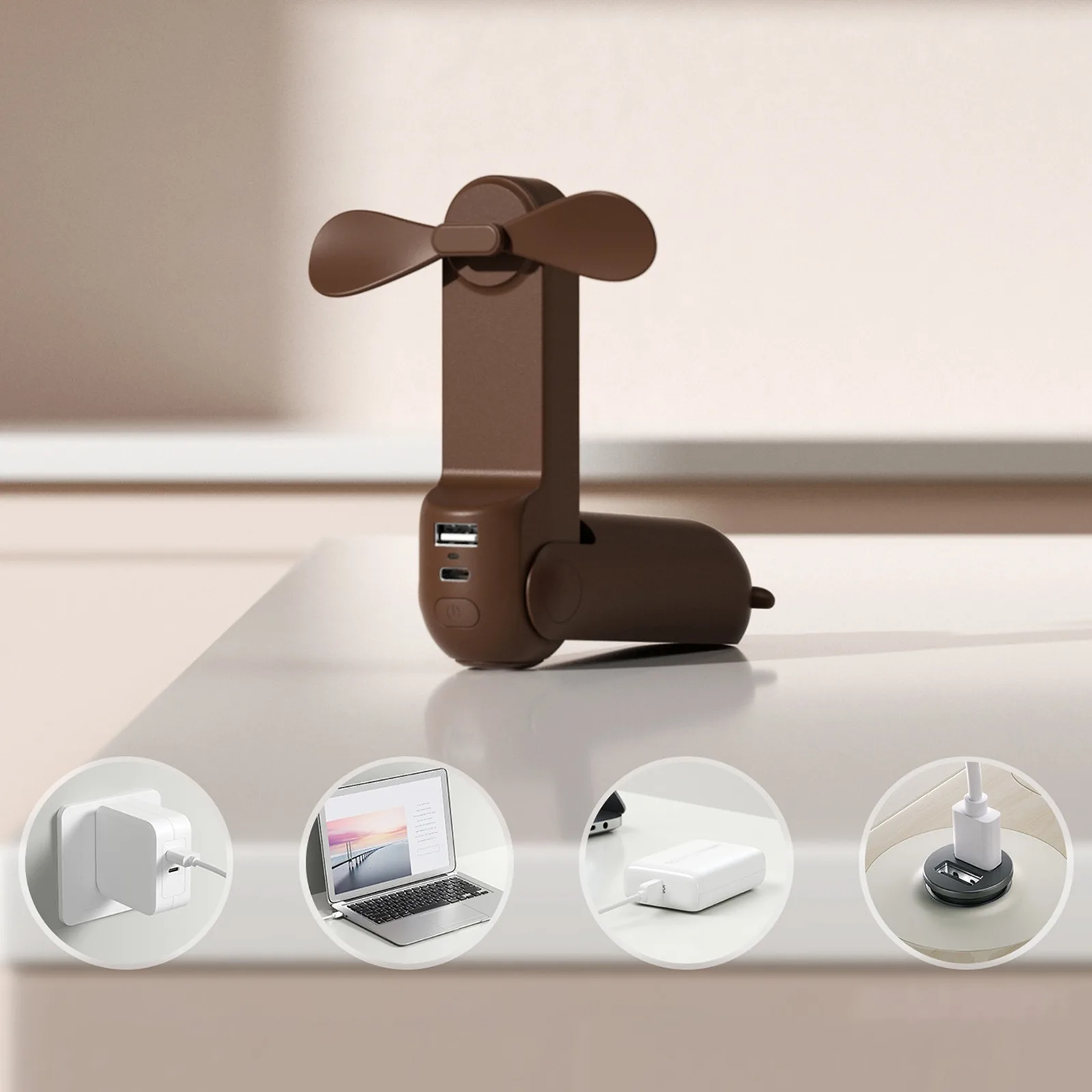 Hordozható mini ventilátor, power bank, zseblámpa, USB-A, USB-C, 4500 mAh – barna