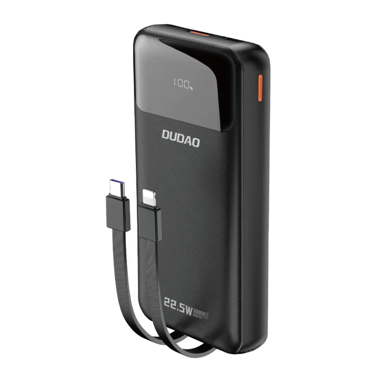 20000 mAh-s, 22,5 W-os PD USB-C/USB-A powerbank beépített iPhone Lightning–USB-C kábellel – fekete