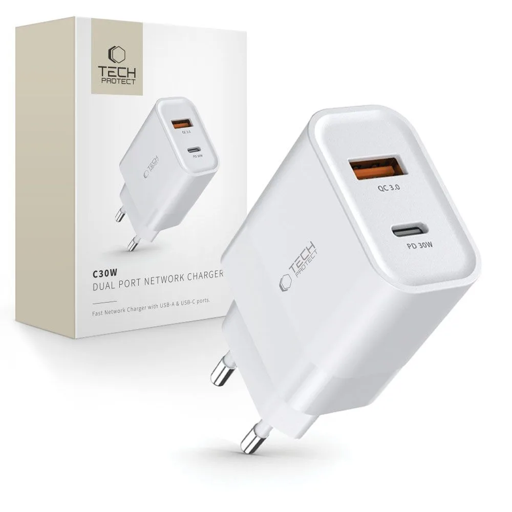 Ładowarka sieciowa C30W USB-C USB-A 30W - biała Ładowarka sieciowa C30W USB-C USB-A 30W - biała