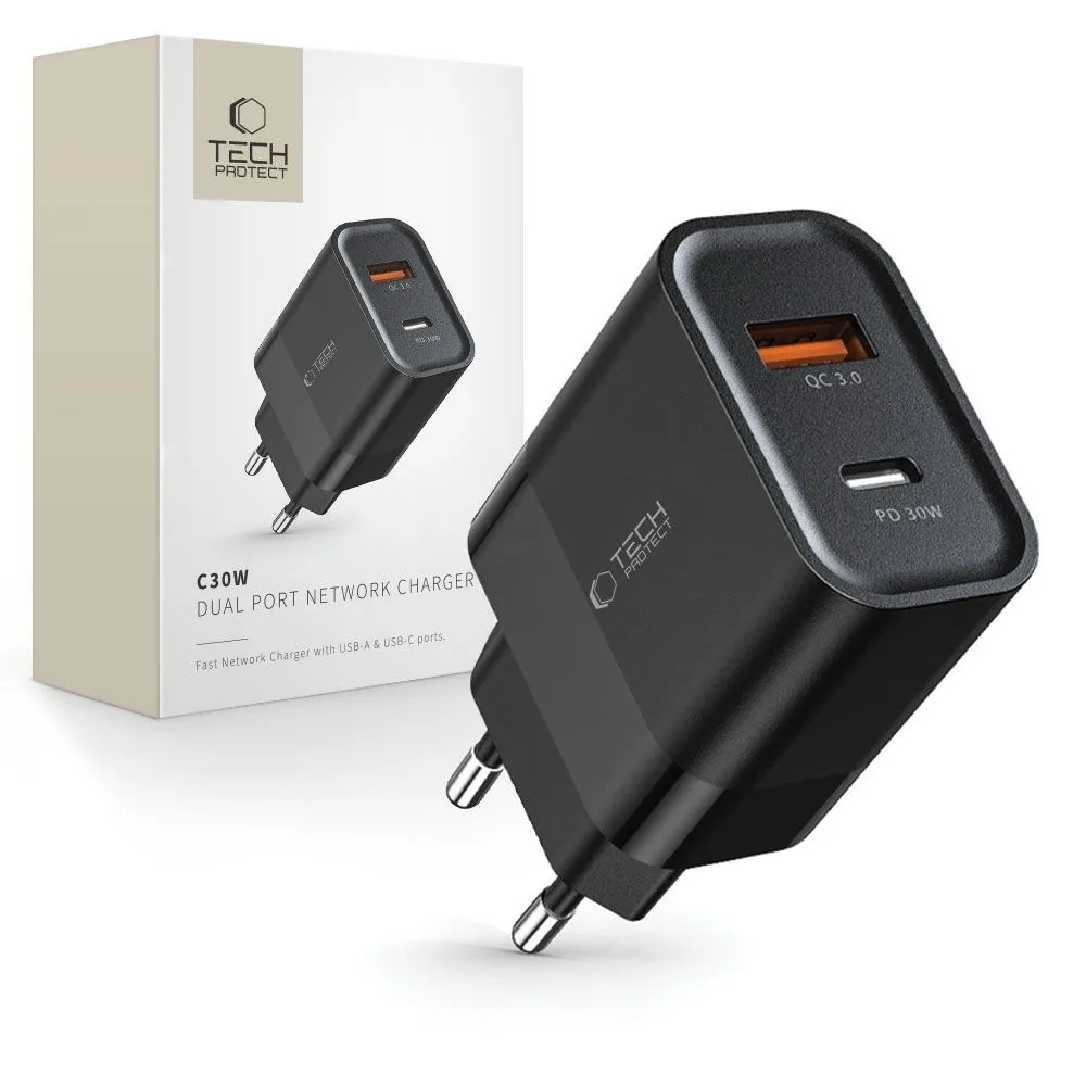 C30W USB-C–USB-A 30 W-os fali töltő – fekete
