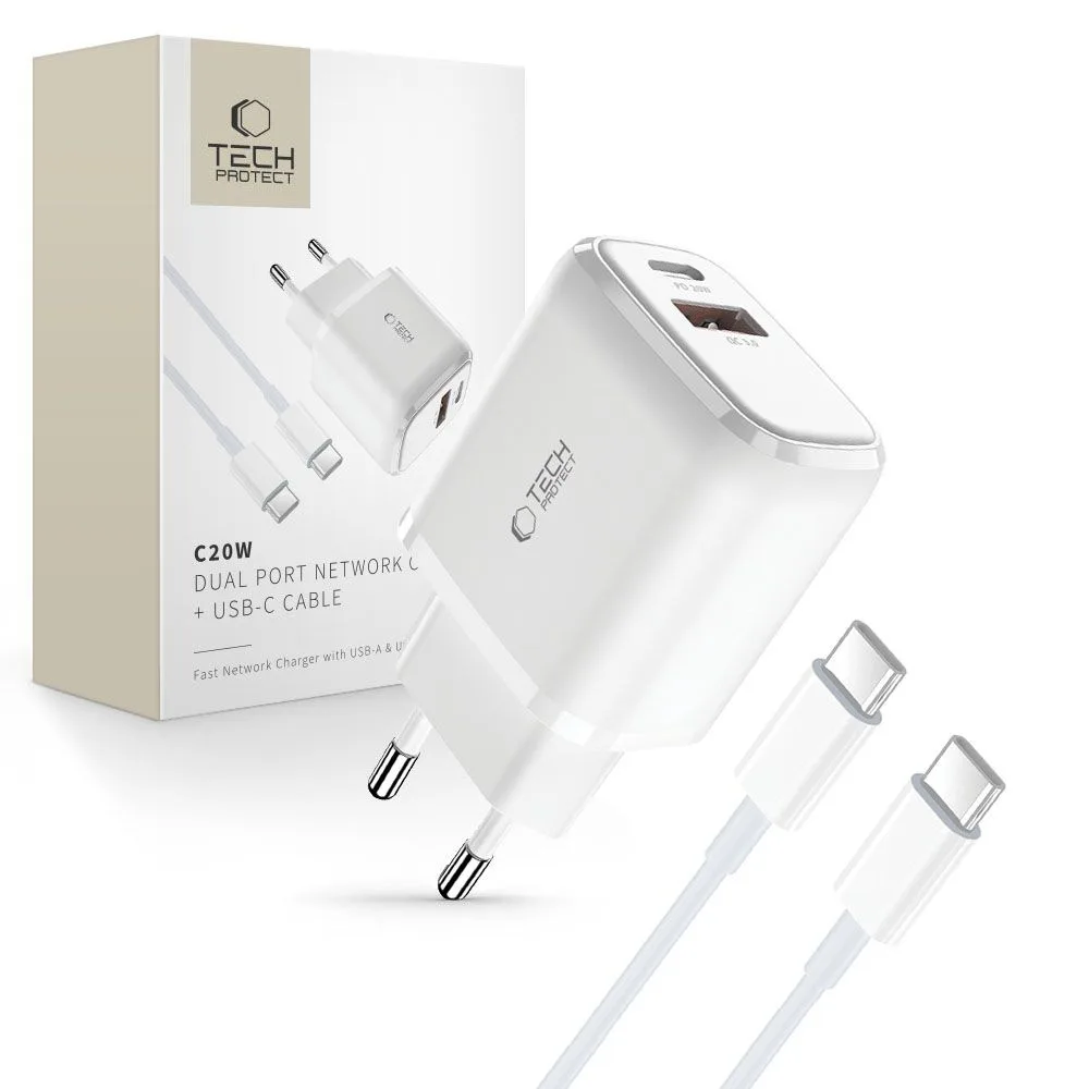 C20W USB-C–USB-A 20 W-os fali töltő USB-C kábellel – fehér