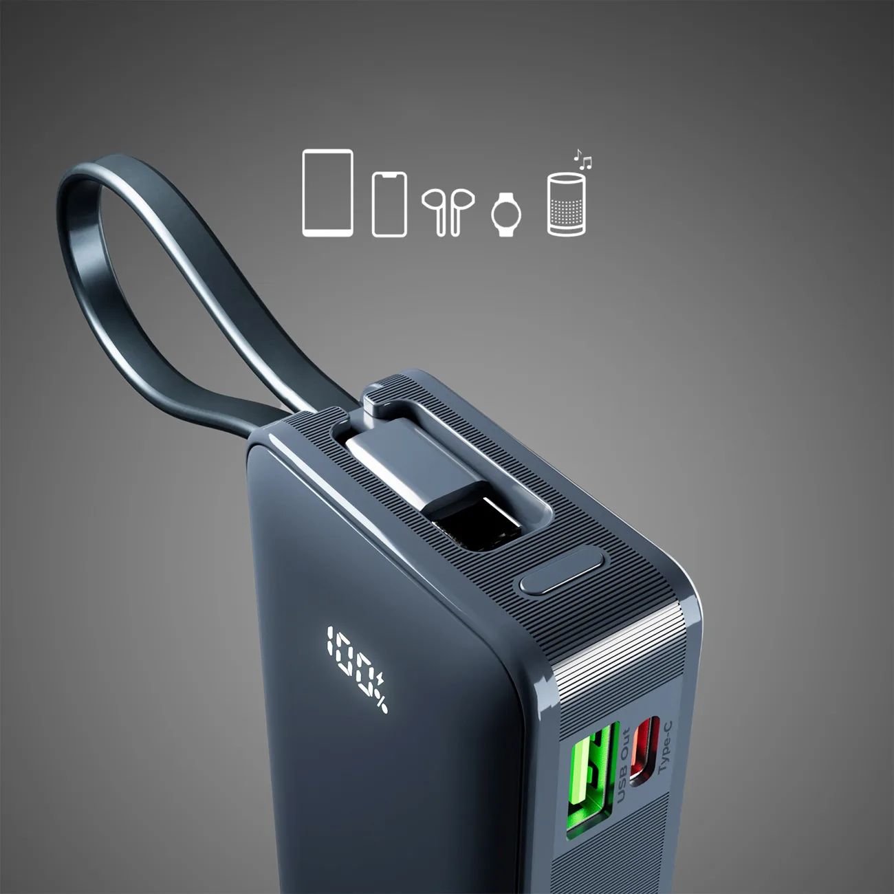 10000mAh USB-A USB-C Power Bank with Built-in Display and 20W USB-C Cable - Dark Gray 6