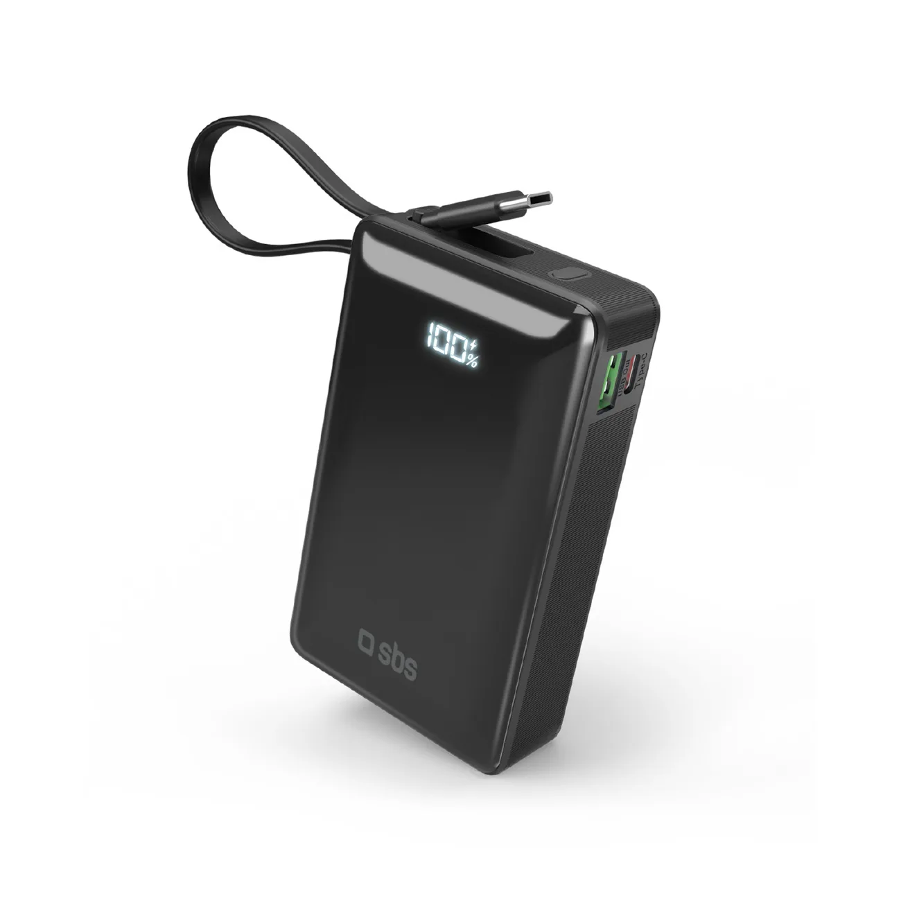 20000 mAh-s USB-A és USB-C power bank beépített kijelzővel és 20 W-os USB-C kábellel – fekete